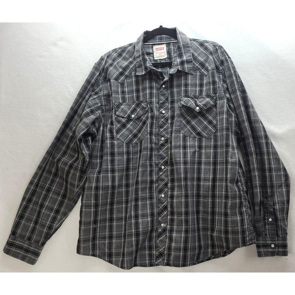Levi's Western Pearl Snap Long Sleeve Shirt Mens XL Gray Plaid Cotton